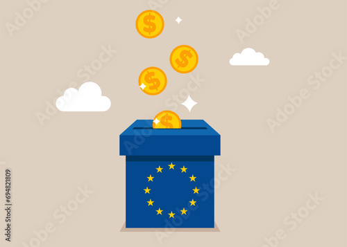 Dollar coins falling in a box with a  European Union. Charity fundraising and generosity.  Modern vector illustration in flat style