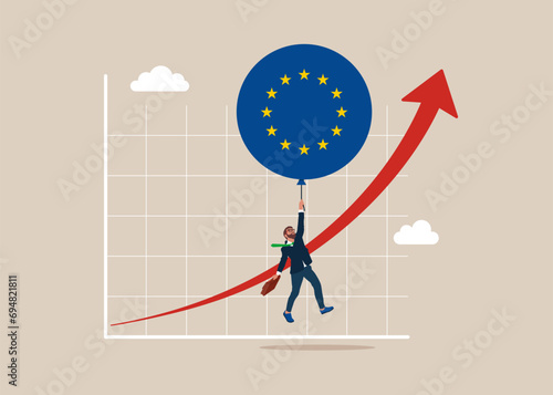 Balloon with the symbol of the European Union floats higher. High global inflation. Floating interest. Inflation high up. 