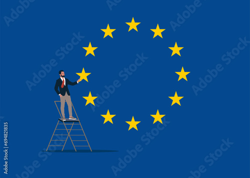 Young entrepreneur businessman manage prioritize European Union. Flat vector illustration