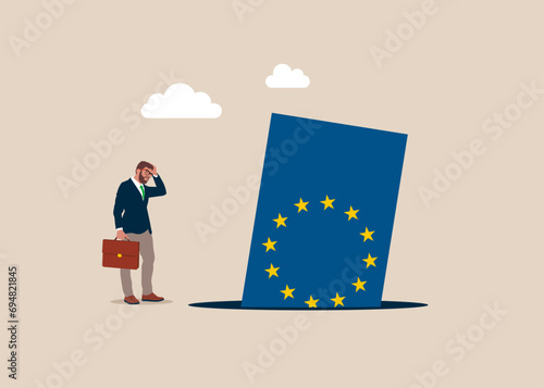 Flag European Union fell into a pit. Crisis in EU. Symbol of crisis, recession, downfall and stock market crash. Vector illustration concept.