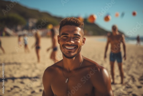 Solo portrait of a man joyfully playing beach volleyball, capturing the energetic vibe of summer sports