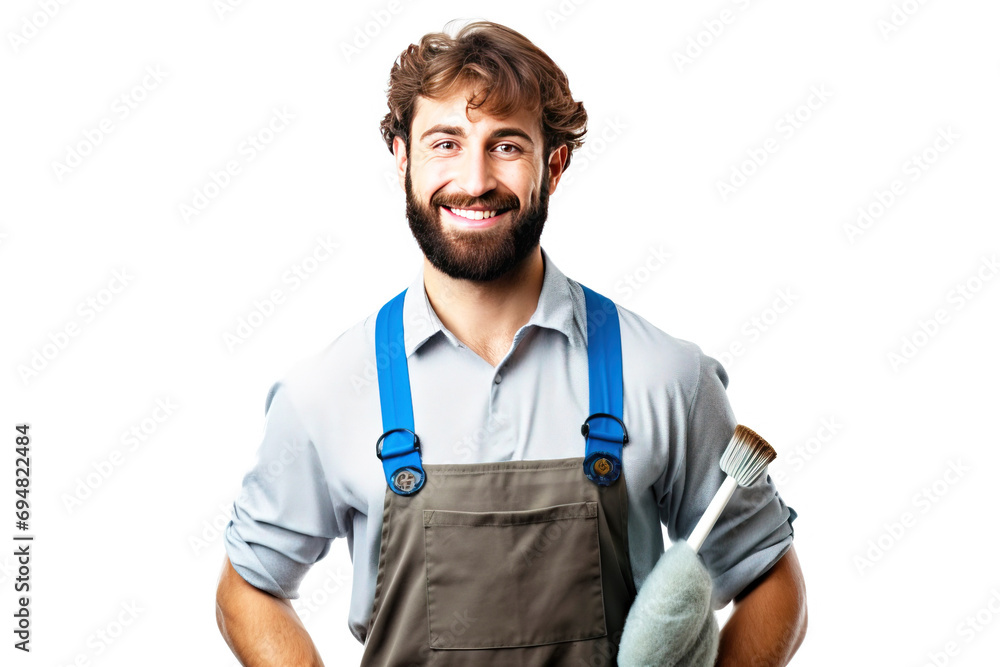 Smiling male professional cleaner with tools in service uniform, white background isolate.