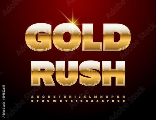 Vector business template Gold Rush. Unique Gold Font. Shiny Bold Alphabet Letters and Numbers set.