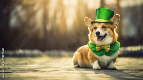  Corgi in a fancy costume for St. Patrick's Day. copy space