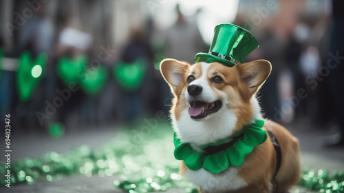 
Corgi in a fancy costume for St. Patrick's Day. copy space photo
