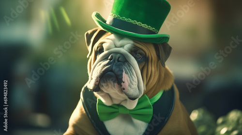 
English bulldog in a suit at St. Patrick's Day photo