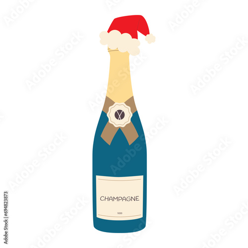 Bottle of wine in Santa's hat. Christmas champagne. Vector illustration
