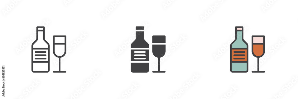 Wine bottle and glass different style icon set Wine bottle and glass different style icon set