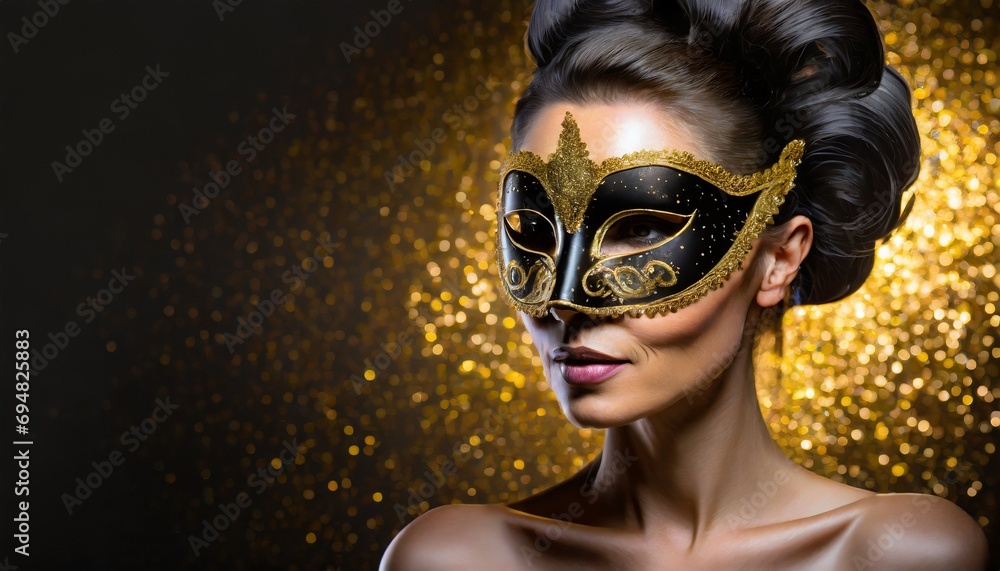 Kobieta w złoto-czarnej masce karnawałowej na czarno-złotym tle. Motyw balu maskowego, zabawy karnawałowej - obrazy, fototapety, plakaty 