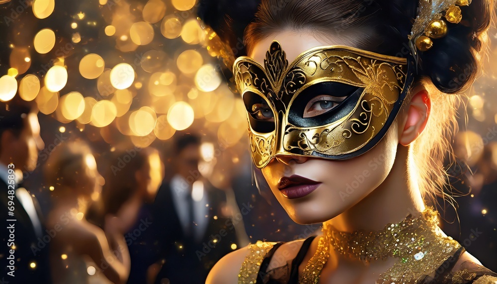 Kobieta w złoto-czarnej karnawałowej masce na twarzy. W tle widać ludzi bawiących się na balu maskowym. Motyw zabawy karnawałowej, sylwestrowej - obrazy, fototapety, plakaty 