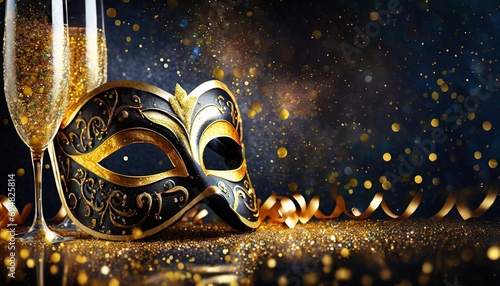 Gold and black carnival background with mask and champagne glasses © Monika
