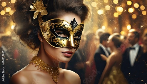 Kobieta w złoto-czarnej karnawałowej masce na twarzy. W tle widać ludzi bawiących się na balu maskowym. Motyw zabawy karnawałowej, sylwestrowej