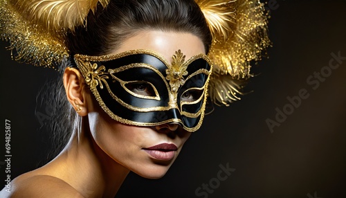 Kobieta w złoto-czarnej masce karnawałowej na na czarnym tle. Motyw balu maskowego, zabawy karnawałowej