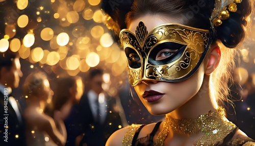 Kobieta w złoto-czarnej karnawałowej masce na twarzy. W tle widać ludzi bawiących się na balu maskowym. Motyw zabawy karnawałowej, sylwestrowej