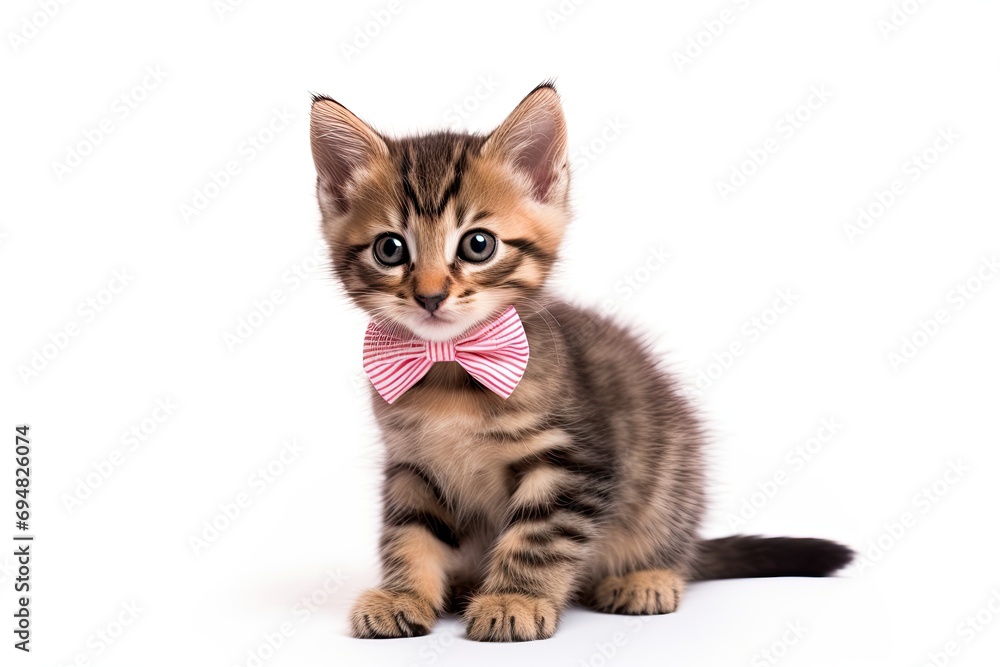 A cute kitten with a bow, featuring a beautiful portrait of a small, furry, and playful feline with striped fur.