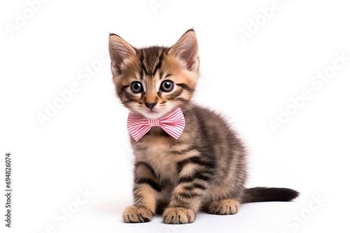 A cute kitten with a bow, featuring a beautiful portrait of a small, furry, and playful feline with striped fur.