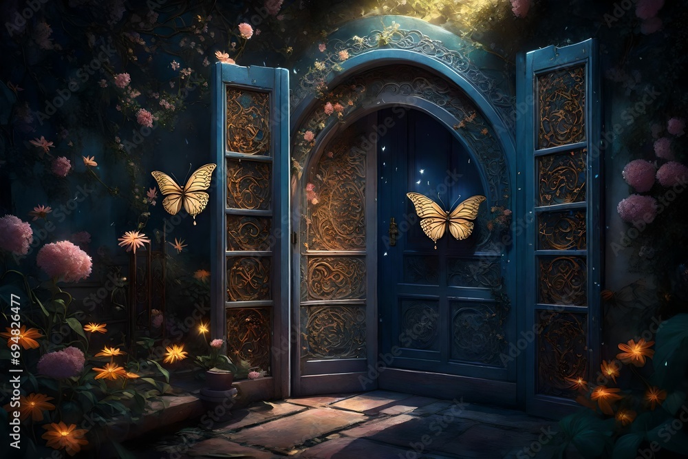 A moonlit depiction of a butterfly gracefully landing on an ornate door, surrounded by a serene garden with exotic flowers, the scene bathed in a soft lunar glow