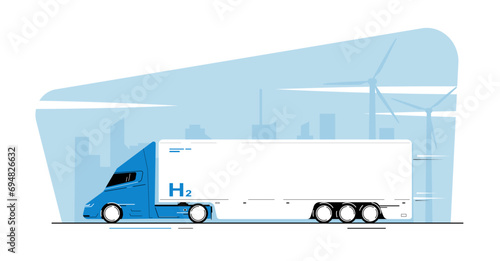 A hydrogen fuel big truck rides against the backdrop of a cityscape. Vector illustration.