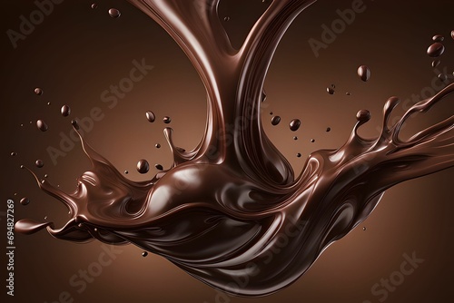 a piece of chocolate surrounded by chocolate liquid into the air
