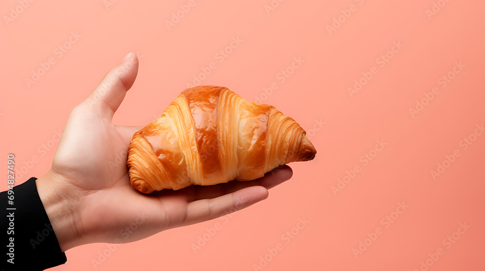 croissant in hand on a pink background. close-up