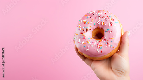 cropped view of woman holding tasty pink donut on pink background