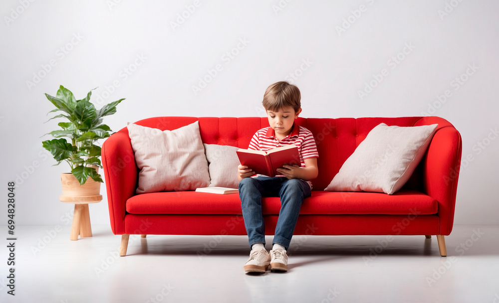 Little boy reading a book on the couch Little boy reading a book on the couch