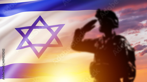 Soldier from Israel. Tsakhal army officer salutes. Israel flag near war. Silhouette of soldier at sunset. Warrior of Israel defense army. Soldier takes part in war in gas sector. 3d image photo