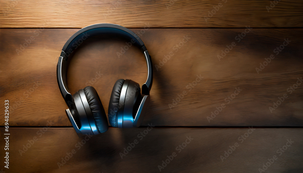 Modern wireless headphones lie on the wooden surface top view. copy space. Modern wireless headphones lie on the wooden surface top view. copy space.