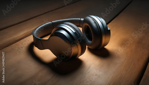 Future innovative gadget.Modern wireless headphones lie on the wooden surface. photo