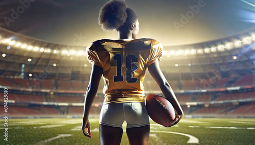 american woman football player holding a football ball, American stadium background, Super Bowl Sunday.Rear view. photo