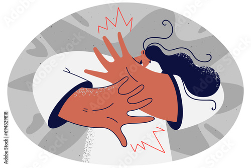 Scared woman make stop hand gesture