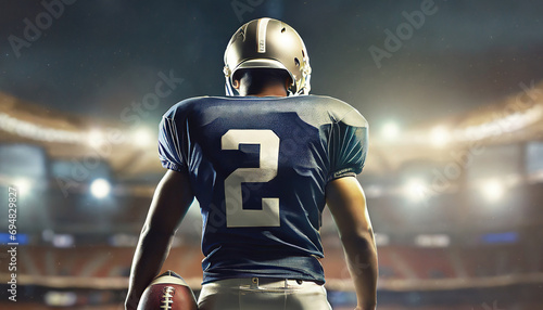 american football player holding a football ball, American stadium background, Super Bowl Sunday.Rear view. photo