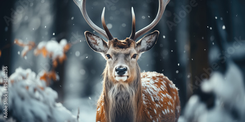 Generative AI image of a graceful deer in a snowy forest photo