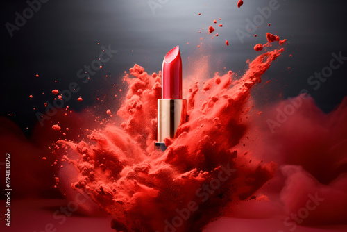 Red color lipstick with powder explosion. Red lipstick with powerful explosion of red dust. photo