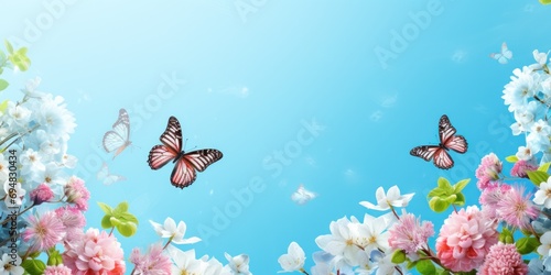 A vibrant nature scene with spring flowers, butterflies, and fresh blossoms in a colorful garden background.