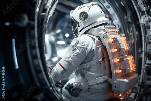 Generative AI image of an astronaut operating spaceship controls photo