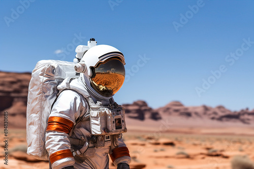 Generative AI image of astronaut on Mars-like terrain