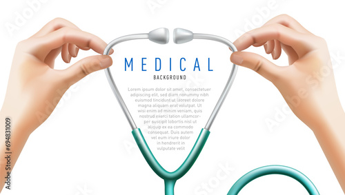 Realistic Hands Holding Stethoscope On White Back