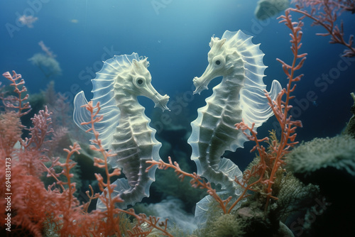 An intricately detailed illustration of a pair of seahorses swimming among coral reefs  with each curl and fin meticulously rendered.