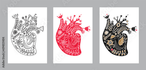 Valentines day poster. Anatomical heart with flowers. Vector illustration.