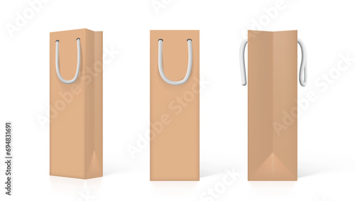 3D Craft Paper Bag Front, Side And Isometric View