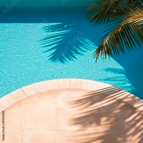Swimming pool top view background. Water ring and palm shadow on travertine stone. Made with generative ai.