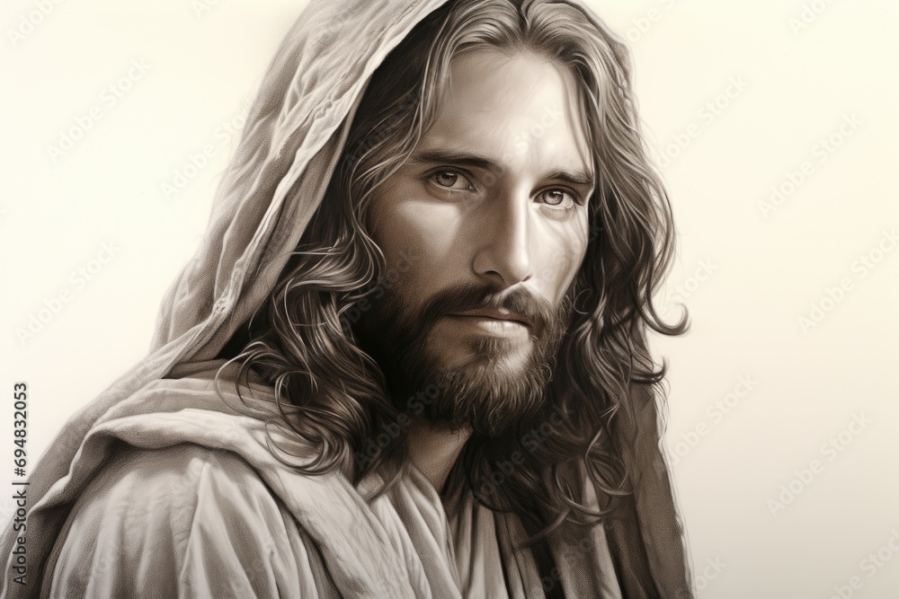 A serene pencil drawing of Jesus Christ as the Prince of Peace, with fine details and shading A serene pencil drawing of Jesus Christ as the Prince of Peace, with fine details and shading