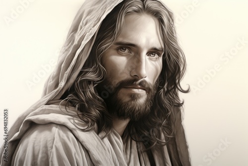 A serene pencil drawing of Jesus Christ as the Prince of Peace, with fine details and shading photo