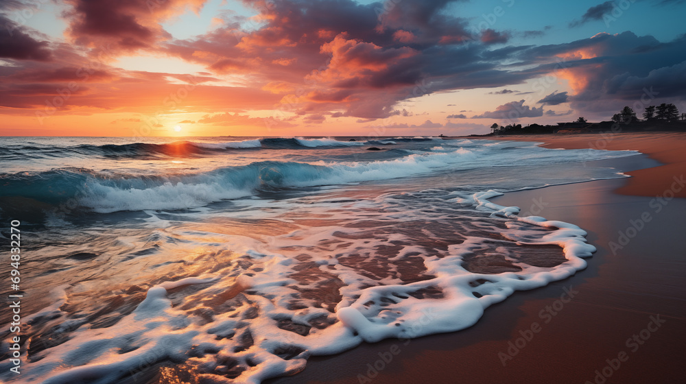 Obraz premium Closeup sea sand beach. Panoramic beach landscape. Inspire tropical beach seascape horizon. Orange and golden sunset sky calmness tranquil relaxing sunlight summer mood. Vacation travel holiday banner