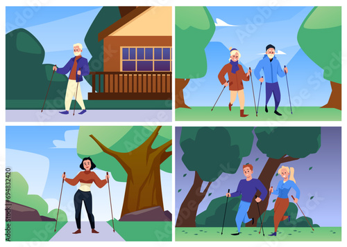 Diverse people doing nordic walking, set of scenes in flat style, vector illustration.