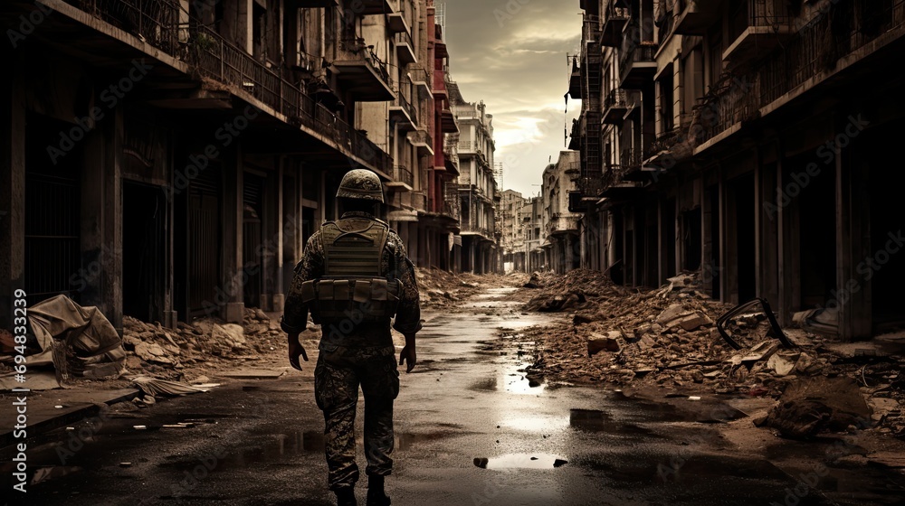 Obraz premium Infantryman during a special operation in bombed city.