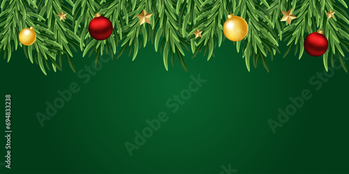Green christmas banner. Green banner with golden decoration and pine tree. Vector illustration EPS 10