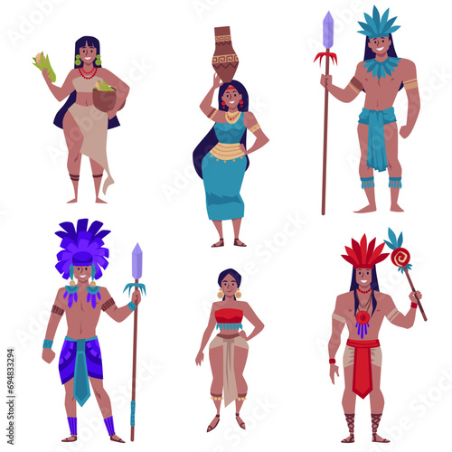 People of maya civilization, set of flat vector illustration isolated on white background.