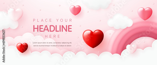 3D Vector with sweet heart shape and a rainbow in the pink sky background for Happy Valentine's day greeting card template, cute party, Women, Mother, Valentine sale banner, social media wallpaper